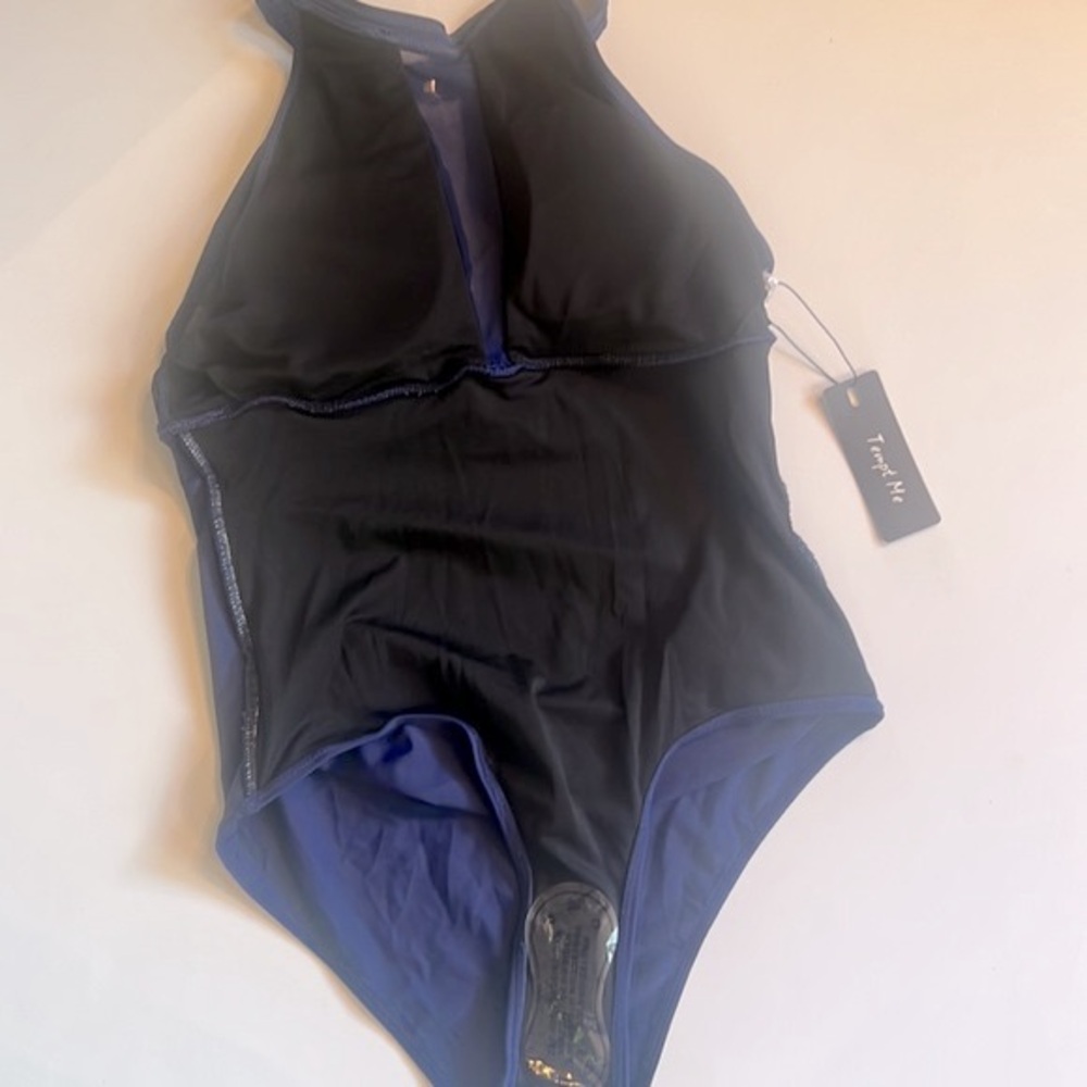 NWT Tempt Me navy blue high neck plunge mesh ruched swimsuit, size medium - Picture 8 of 9